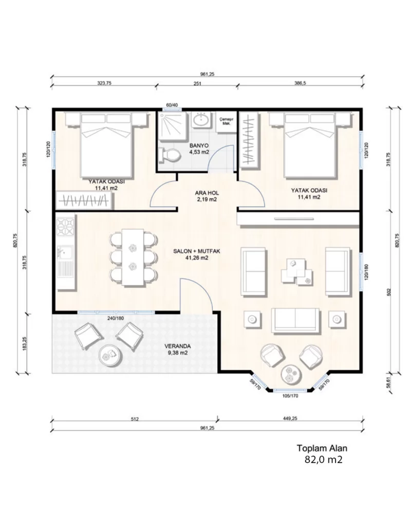 Tek Kat Prefabrik Ev 2+1 82 m² MODEL B142