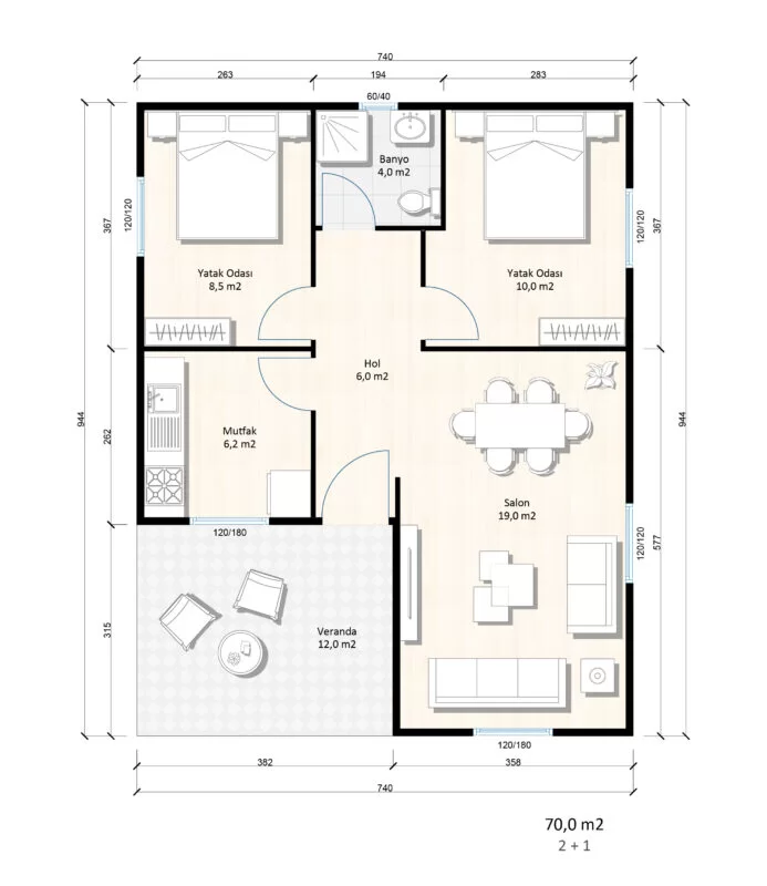 Tek Kat Prefabrik Ev 2+1 70 m² MODEL B144